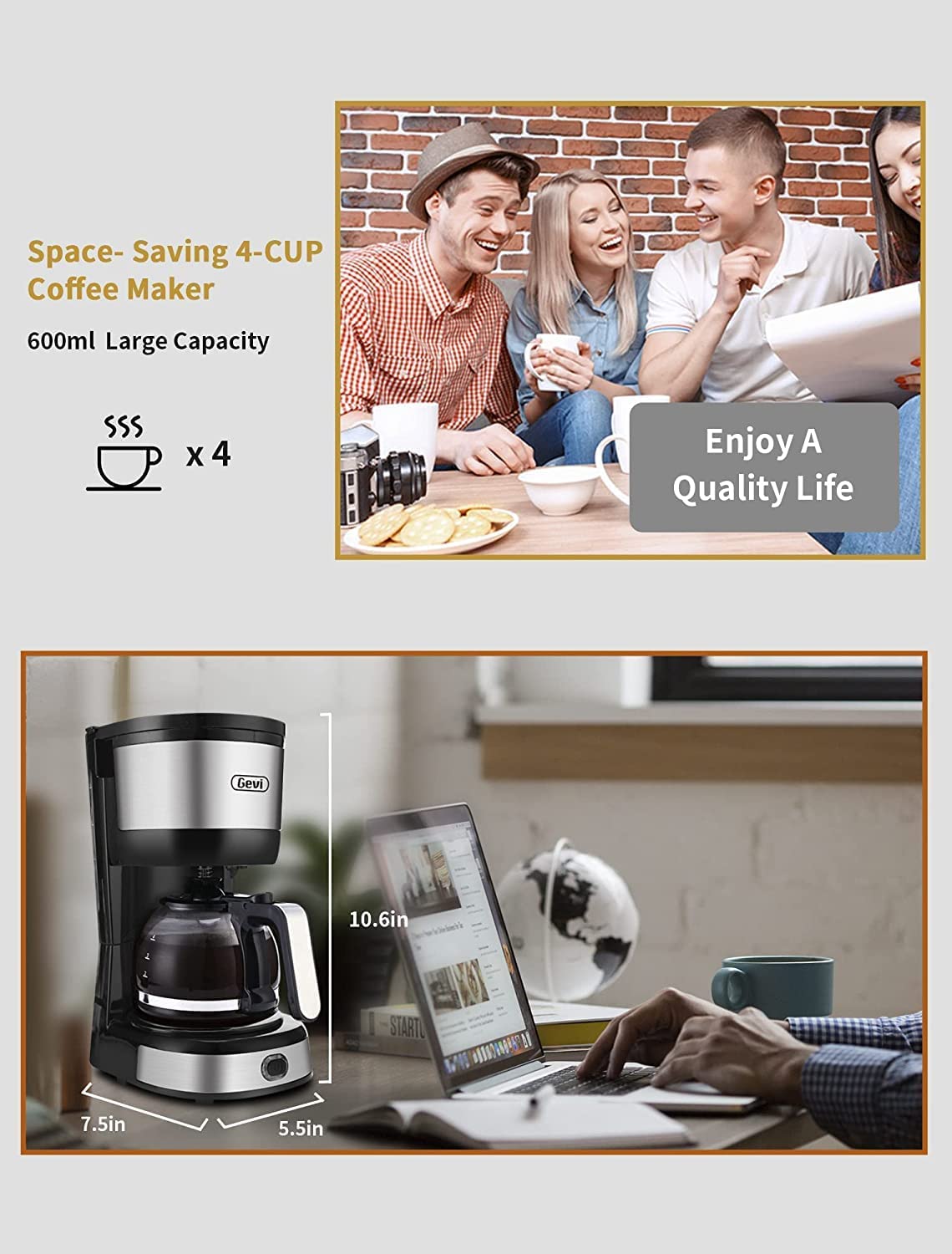 Gevi 4-Cup Coffee Maker with Auto-Shut Off and Cone Filter