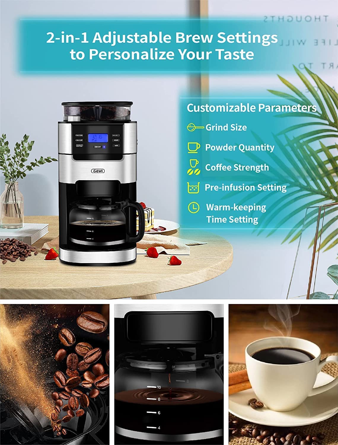Coffee Maker with Grinder Built in 12 Cup, Programmable Grind and