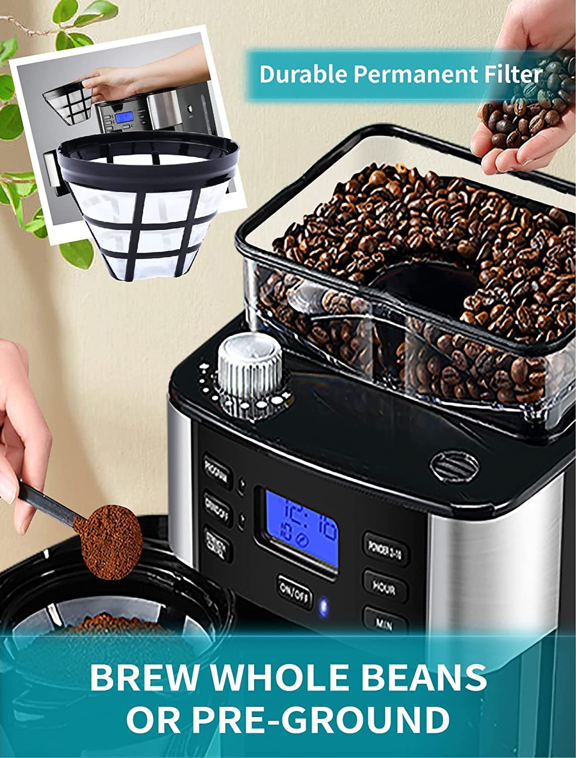 GEVI 10-Cup Programmable Grind and Brew Coffee Maker, Drip Coffee Make,  Automatic Coffee Machine with Built-In Burr Coffee Grinder 