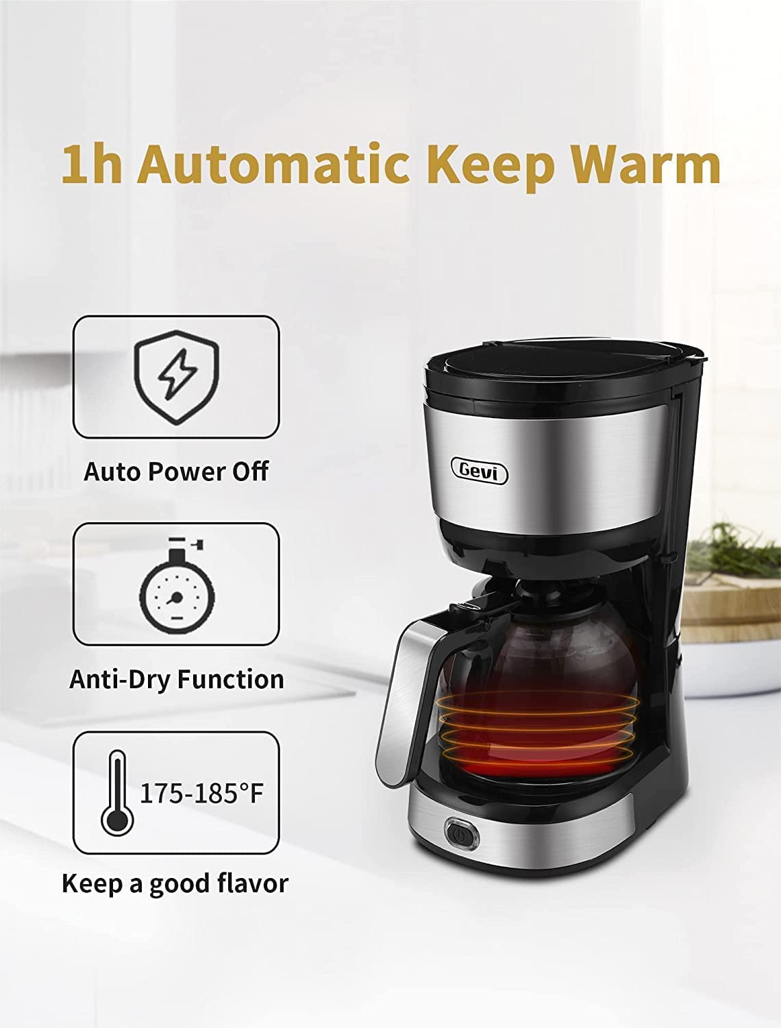 Gevi 4-Cup Coffee Maker with Auto-Shut off, Cone Filter, Stainless Steel  Finish, 600ml