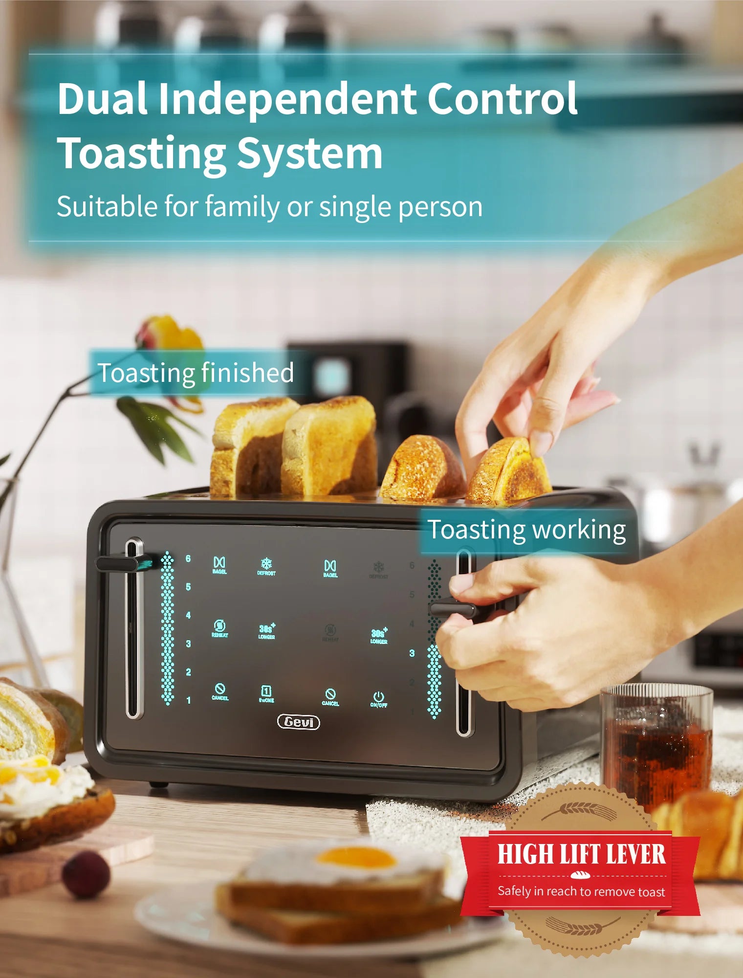 Gevi 4 Slice Toaster LED Display Dual Control Panels 6 Shade