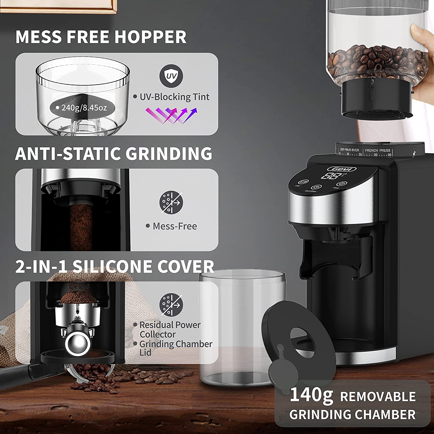 Conical Burr Coffee Grinder, Anti-Static Electric Coffee Bean Grinder for  Mess-Free Use, Automatic Coffee Grinder with 35 Settings for Espresso