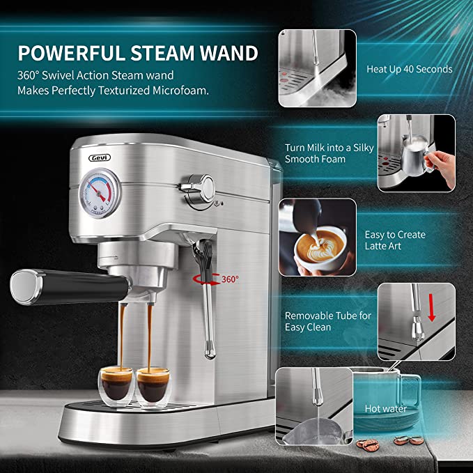 Espresso Coffee Machine 20 Bar Pump Espresso Maker with Milk Frother Steam  Wand