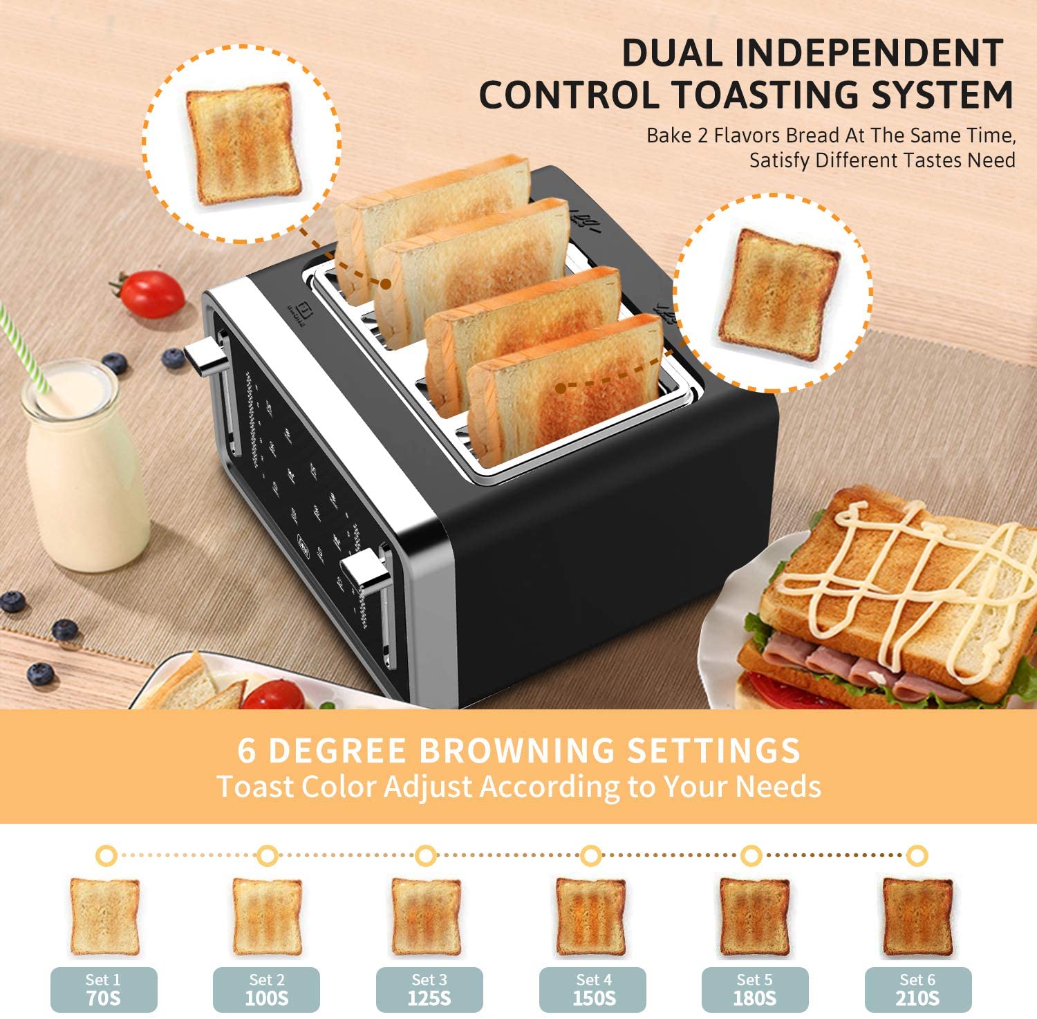 Toaster 4 Slice with Wide Slots, 2 Long Slot Toaster for Bagels Waffles and  Toast, 6 Browning Levels, Stainless Steel, Removable Tray
